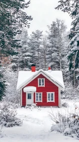 Red wooden house stands in snowy forest clearing in winter