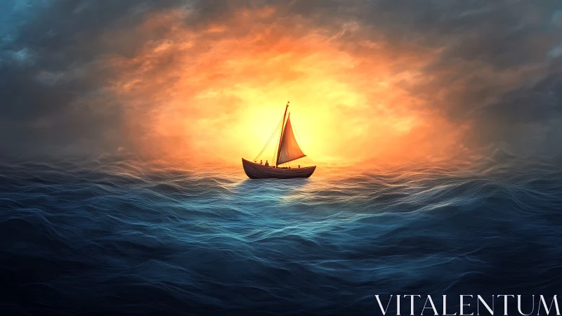 Lone sailboat crossing luminous stormlit ocean horizon.