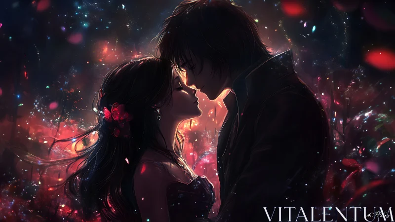 Two silhouetted figures share an intimate moment amid glowing particles.