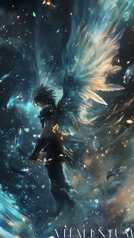 Lone winged warrior stands in swirling celestial starlight