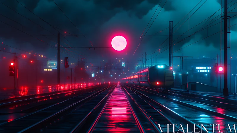 Neon lit train tracks under red moon in foggy night scene.