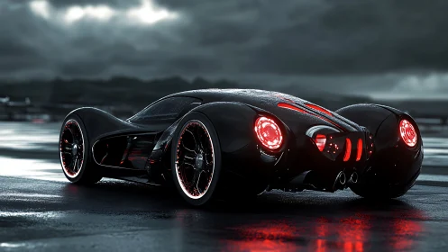 Futuristic black hypercar with neon red rear lights on runway.