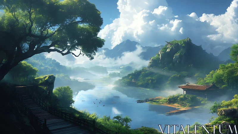 Digital landscape shows misty river valley with temple pavilion