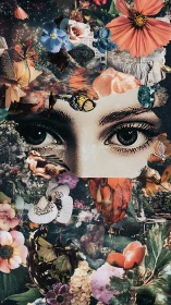 Botanical dreamkeeper eyes amid riotous cosmic florals.