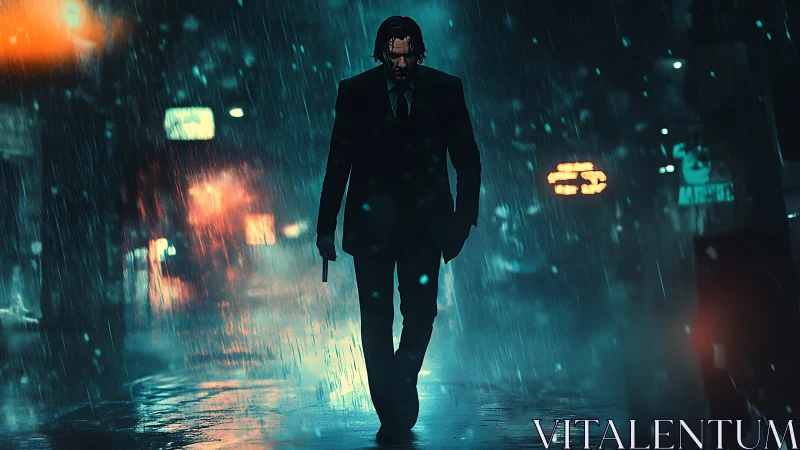 Brooding gunman in neon rainstorm on cinematic street.