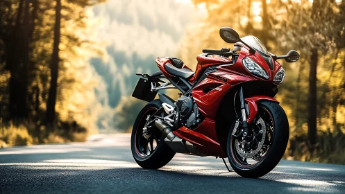 Sunlit red sport motorcycle waiting for an open-road escape.