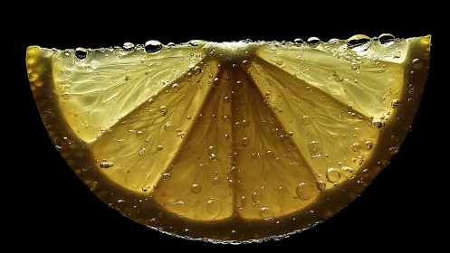 Macro view shows submerged lemon wedge with surface bubbles