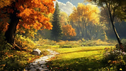 Autumn Forest Landscape with Stone Stream and Mountain Valley