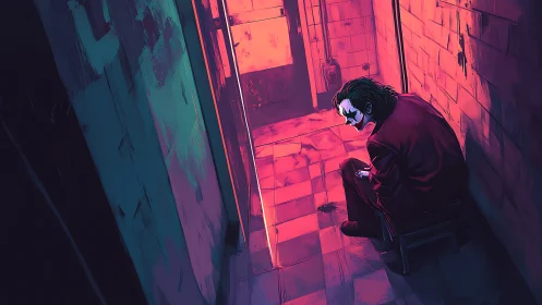 Chromatic corridor study of solitary clown figure in decay.