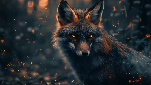 Ember-eyed fox stands in dark forest amid drifting sparks.