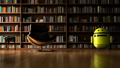 Modern library interior with chair and robot figure present.