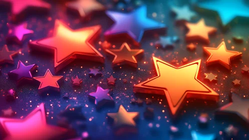 Neon gradient stars scatter over glowing textured surface.
