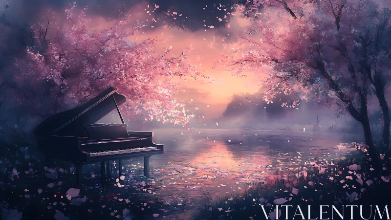 Grand piano under cherry blossoms beside reflective dusk lake