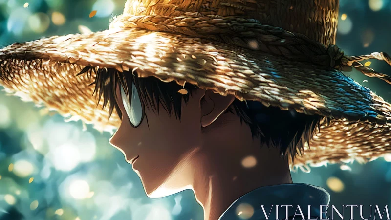 Side profile of youth in straw hat under dappled light.