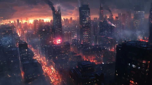 Distant viewpoint records dense cityscape under fire and rain