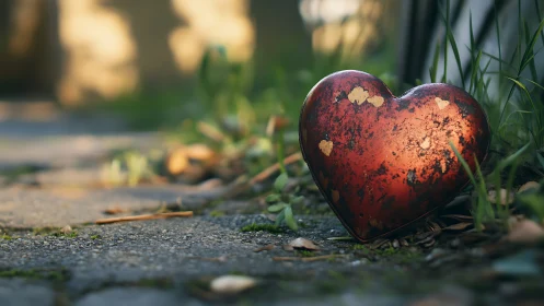 Corroded Heart Symbol on Weathered Pavement.