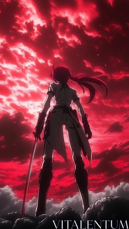 Silhouetted swordsman stands against turbulent crimson sky