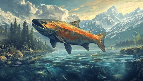 Giant trout soars above alpine river in surreal mountain light