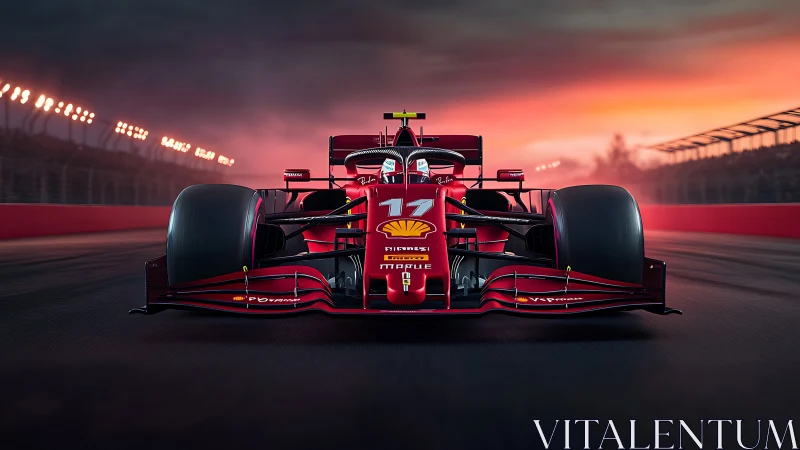 Sunset red race car charging toward the finish line.