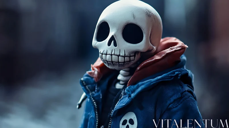 Streetwise skeleton figure in blue jacket under soft bokeh glow.