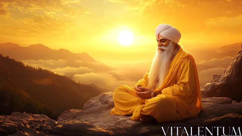 Elderly guru in yellow robes meditating on mountain at sunset