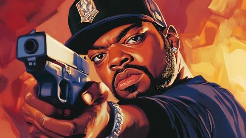 Digital portrait of armed man aiming handgun in warm light