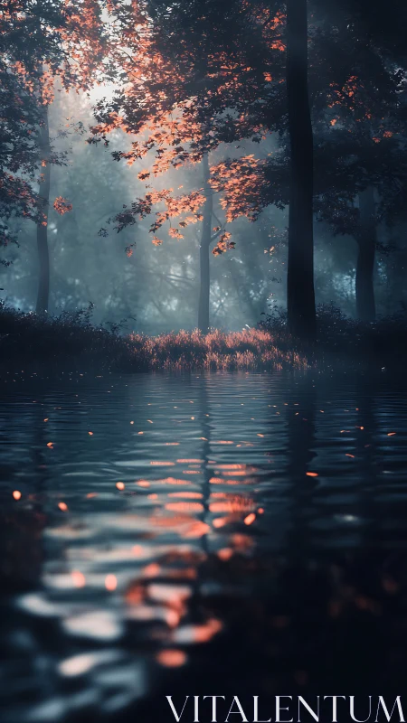 Molten Leaves Dance Above Mirror-Still Water in Autumn's Mystic Forest