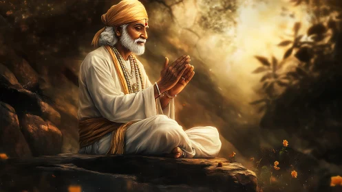 Elderly sage in prayerful meditation rendered as luminous digital art