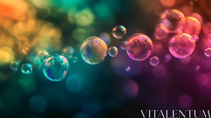 Colorful translucent bubbles on blurred rainbow backdrop.