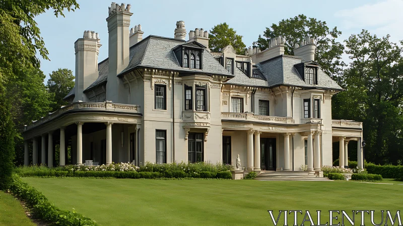 Grand historic mansion stands amid manicured green lawns.