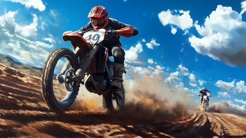 Motocross racer carves dusty track under vivid blue sky.