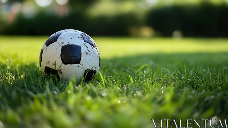 Weathered football on sunlit turf with shallow depth of field.