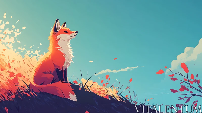 Fox watches autumn hillside under clear teal sky.