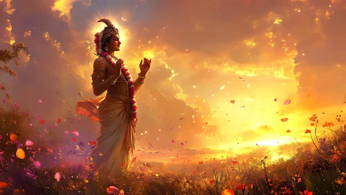 Divine figure in floral landscape under luminous sunset sky.