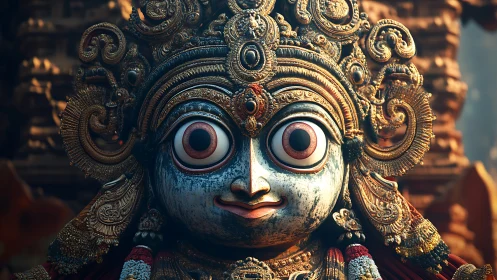 Ornate deity mask with gilded scrollwork and intense gaze.