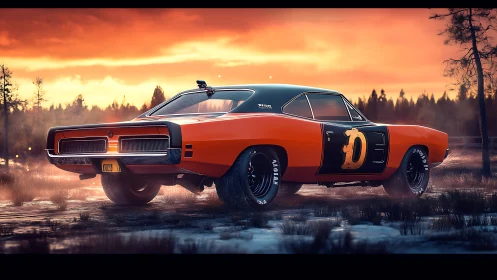 Muscle car prowls a molten sunset marshland in neon chrome.