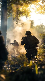 Tactical infantry patrol advancing through sunlit forest combat zone