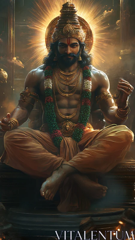 Seated mythic ruler rendered with detailed digital lighting