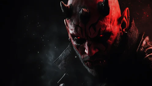 Horned shadow king in crimson light and crawling smoke.