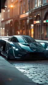 Low-angle view shows a dark hypercar on wet cobblestone street