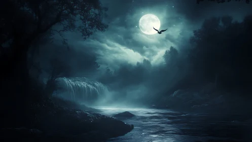 Moonlit river dream with soft mist and soaring silence.