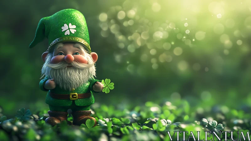 Smiling clover gnome sharing a little moment of luck.