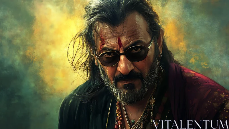 Cinematic digital portrait of stern bearded man with tilak mark