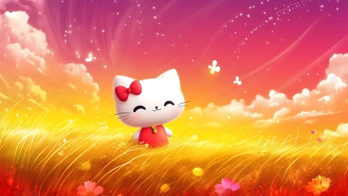 Smiling chibi cat stands in luminous sunset meadow illustration