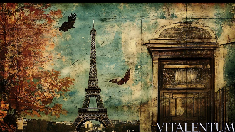 Eiffel Tower collage with door, crow, butterfly, autumn trees.