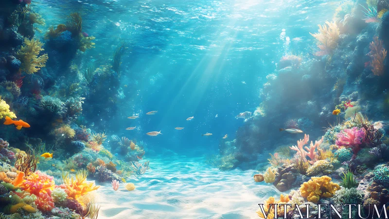 Sunlit coral reef glows with vibrant marine life and calm