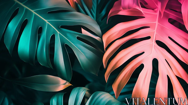 Neon jungle leaves glow in teal and coral dreamlight.