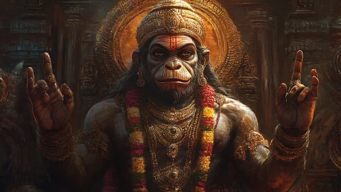 Hanuman-inspired deity portrait in ornate temple setting.