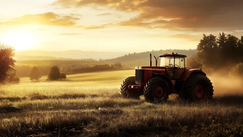 Red tractor crosses golden field under warm sunrise light
