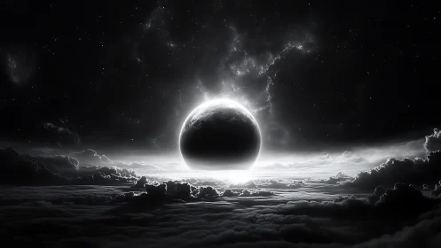Luminous eclipse over stratified cloud deck in monochrome cosmos.